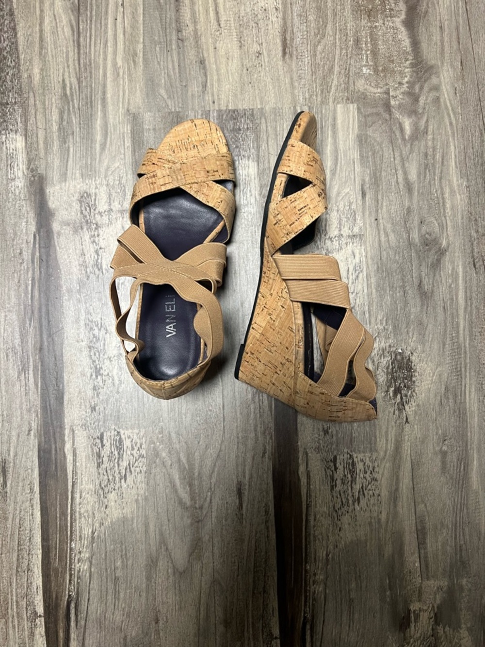 Vaneli Beige Cork Wedge Sandals with Elastic Straps